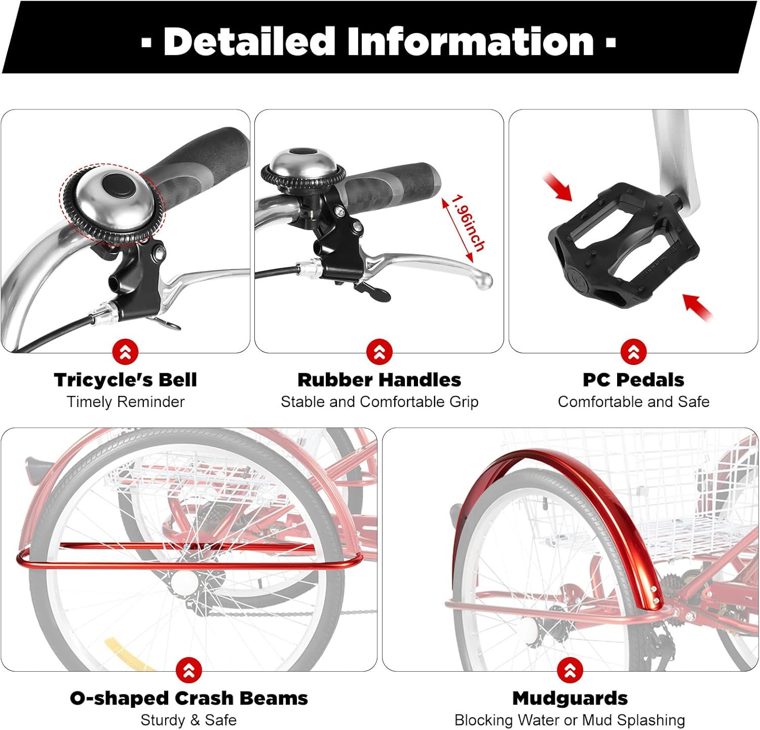Triciclo para adultos de 6 velocidades color rojo - Imagen 4