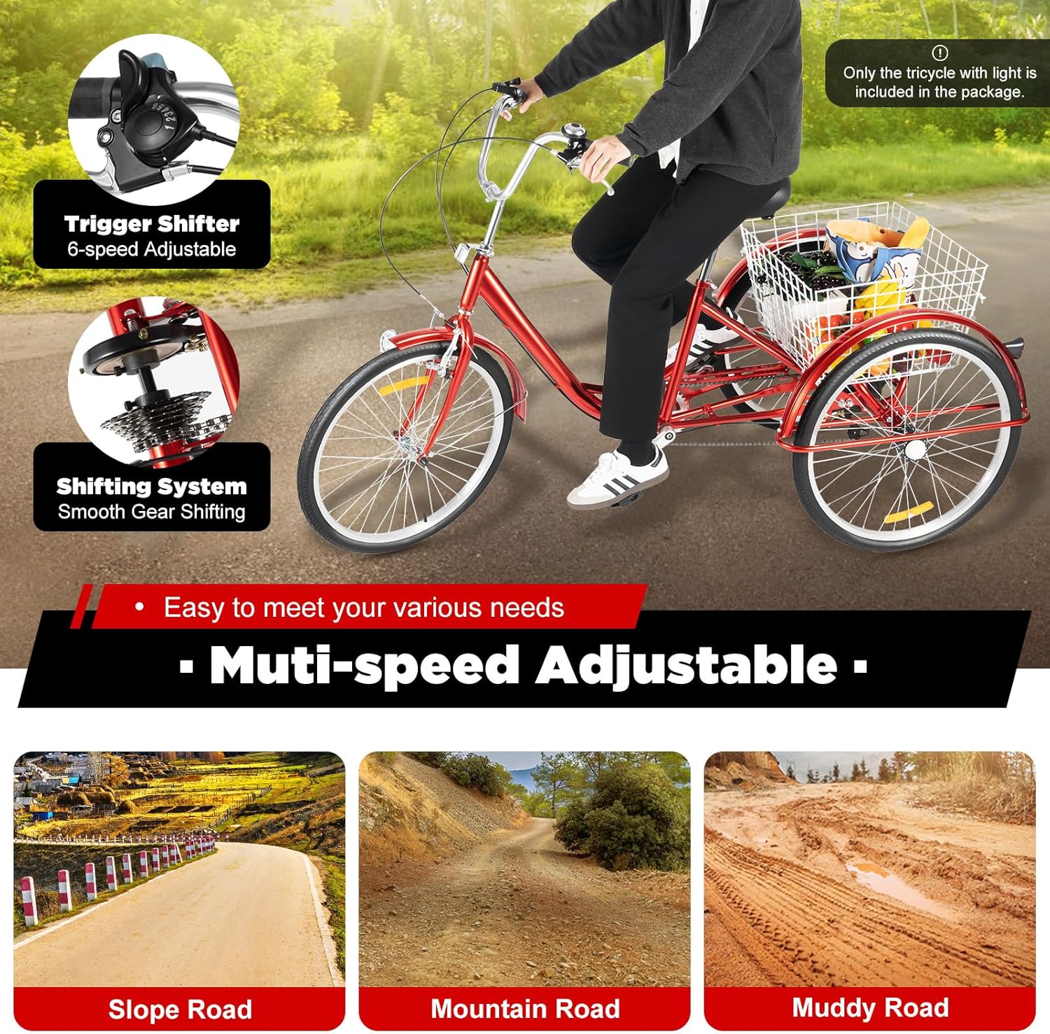 Triciclo para adultos de 6 velocidades color rojo - Imagen 2