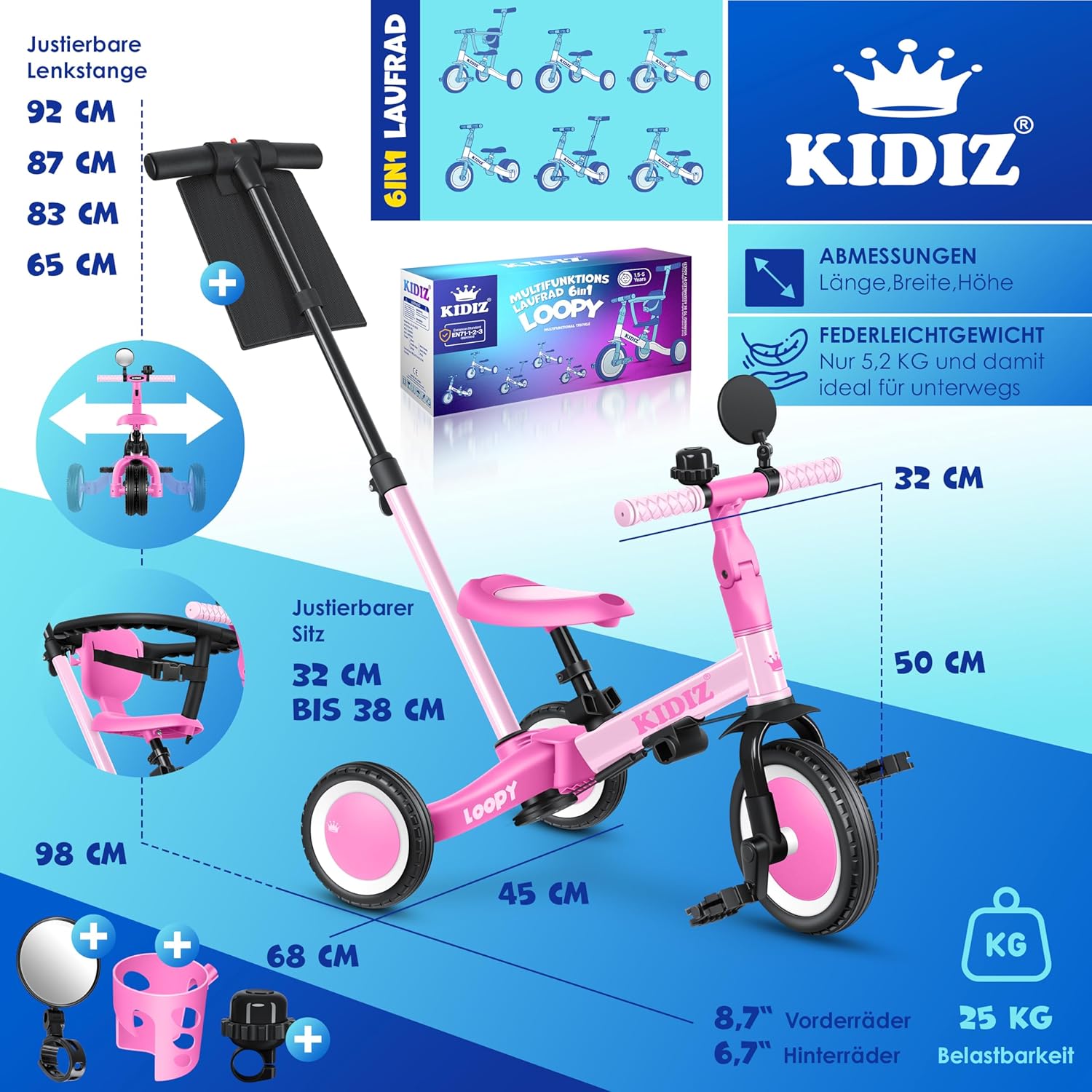 KIDIZ® Bicicleta de Balance 6en1 para Niños de 1 a 5 Años - Imagen 7