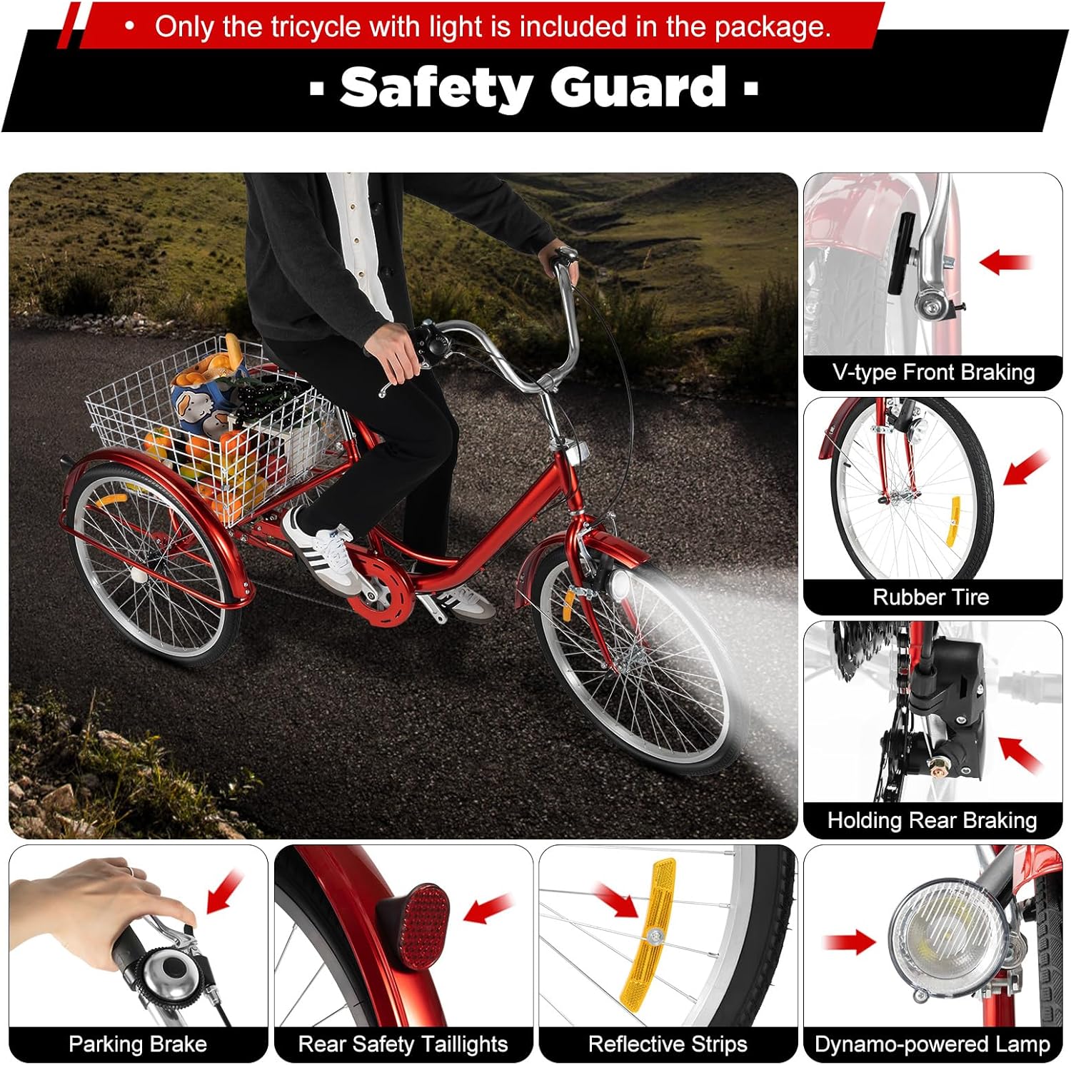 Triciclo para adultos de 6 velocidades color rojo - Imagen 6